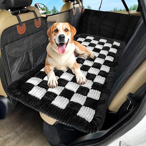 Loiion Dog Car Bed Mat, Non-Slip Backseat Extender Pet Blanket, Plaid Dog Bed for SUVs, Sedans & Trucks, Chew-Resistant Travel Pad for Dogs, Easy Clean & Scratch-Proof & Comfort (50"x24.6") - color: Black White, size: For Cars/ SUV/ Small Truck (50"×24.6"