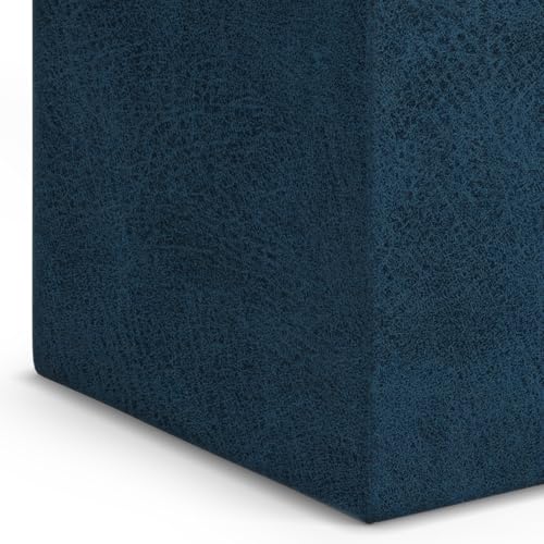 SIMPLIHOME Rockwood Cube Storage Ottoman with Tray - 17" Wide x 17" High Upholstered Vegan Leather Square Storage Ottoman in Distressed Dark Blue, Contemporary Cube Ottoman with Serving Tray - color: Distressed Dark Blue