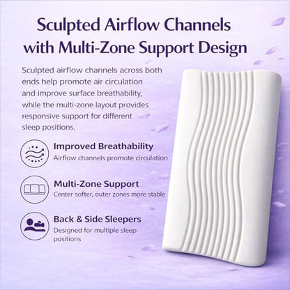 Lavender Contoured Memory Foam Pillow,White Gray, 3.9" | Designed for side & back sleepers; ergonomic cervical support; lavender-scented memory foam; breathable cover for cool sleep