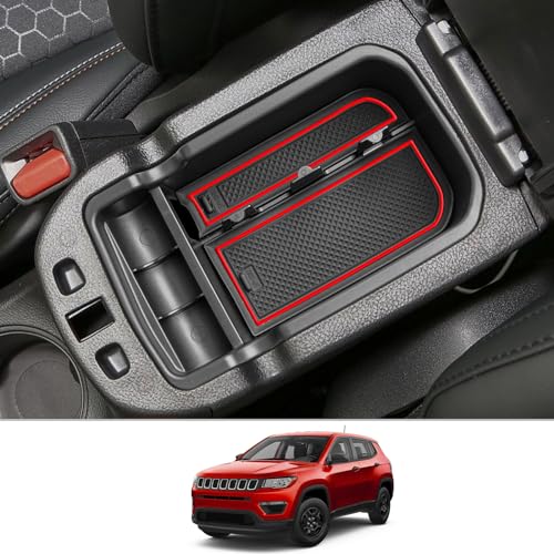CDEFG Center Console Accessory Organizer Compatible with 2017 2018 2019 2020 2021 Compass, ABS Material Armrest Box Insert Tray Glove Secondary Storage Box (Red for Compass) - color: Red for 2017-2021 Compass