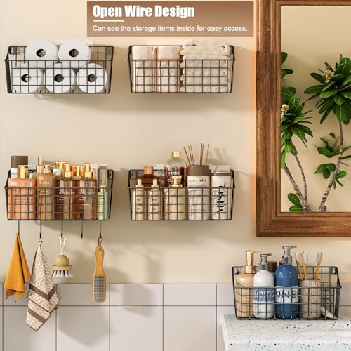 2 Pack Wall Hanging Baskets for Organizing, Large Metal Wire Basket with 5 Hooks+2 Strong Long Adhesive Hooks,Kitchen Hanging Mesh Organizer, Wall Mounted Bin for Kitchen, Bathroom, Bedroom,SUV,Garage - size: 13"L x 6.3"W x 6.02"H-2Pack