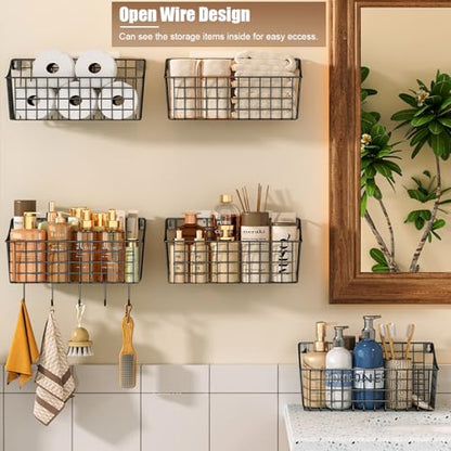 2 Pack Wall Hanging Baskets for Organizing, Large Metal Wire Basket with 5 Hooks+2 Strong Long Adhesive Hooks,Kitchen Hanging Mesh Organizer, Wall Mounted Bin for Kitchen, Bathroom, Bedroom,SUV,Garage - size: 13"L x 6.3"W x 6.02"H-2Pack
