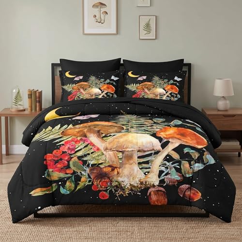 WeCozy 5 Pcs Twin Size Comforter Set with Pillowcase & Sham, Vintage Mushroom Moon Bedding for Kids and Adults, Butterfly Leaves Fern Bed in a Bag with Flat Fitted Sheet - color: Mushroom, size: Twin