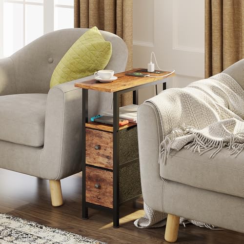 TRIFEBLE End Table with Charging Station, Narrow Side Table with 2 Fabric Drawers, Skinny Nightstand with LED Light, Slim Bedside Table for Bedroom, Living Room, Small Spaces, Rustic Brown - color: Rustic Brown
