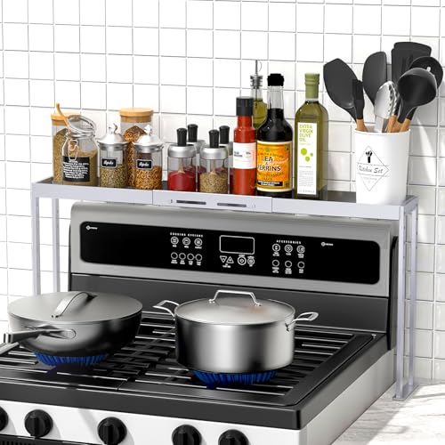 Stove Top Shelf,Adjustable 27 to 33 Inch Over the Stove Shelf for Back of Stove Spice Rack for Countertop,4 Level Height Spice Rack Organizer Seasoning Organizer for Kitchen Stove,Silver - color: Silver