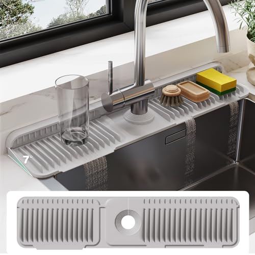 24 Inch Silicone Faucet Mat for Kitchen Sink Splash Guard - 7° Slope Water Draining Mat With Fasten Button for Bathroom Area (Gray, 24"x5.5") - color: Gray, size: 24"x5.5"