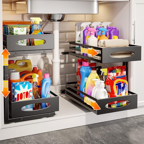 mixeshop Under Sink Organizer, 2 Tier Under Sink Organizers and Storage, Adjustable Height, Slide out Metal Cabinet Organizers, Pull out Cabinet Storage Drawer Shelf for Kitchen Bathroom (Black, 2) - color: Black
