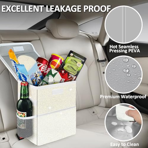 Cute Mini Car Trash Bag with Lid, Glitter Garbage Can Bin Hanging for Back/Front Seat/Console, Waterproof, Leakproof, 2.5 Gallon, Beige Cream Bling Sparkly - color: Beige Cream Bling Sparkly