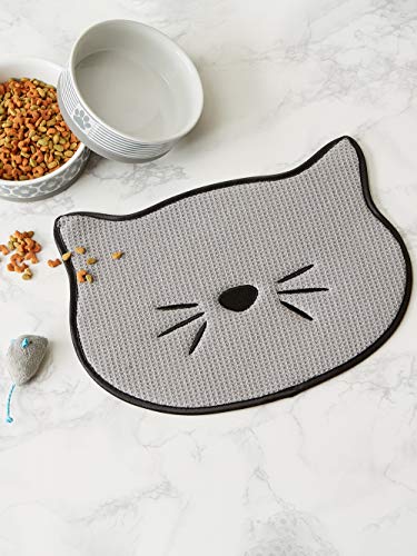 Bone Dry Embroidered Microfiber Cat Shape Pet Food & Water Placemat-Gray - color: Cat Whiskers Gray, size: 9.8"L x 13.5"W