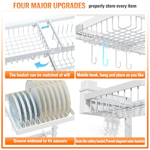 YKLSLH Over Sink Dish Drying Rack, Expandable Large Drying Rack, Suitable for Most Sinks (24.8"-35.4"), Adjustable Metal Rack, Space Saving, White - color: White, size: 2 tiers 4 baskets