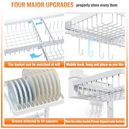 YKLSLH Over Sink Dish Drying Rack, Expandable Large Drying Rack, Suitable for Most Sinks (24.8"-35.4"), Adjustable Metal Rack, Space Saving, White - color: White, size: 2 tiers 4 baskets