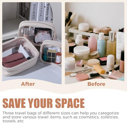 BS-MALL Toiletry Bag Waterproof Makeup Organizer Travel Size Clear - Makeup Cosmetic Organizer Water-resistant Portable Pouch PU Leather Washable Travel Essentials Makeup Bag 3 Pack