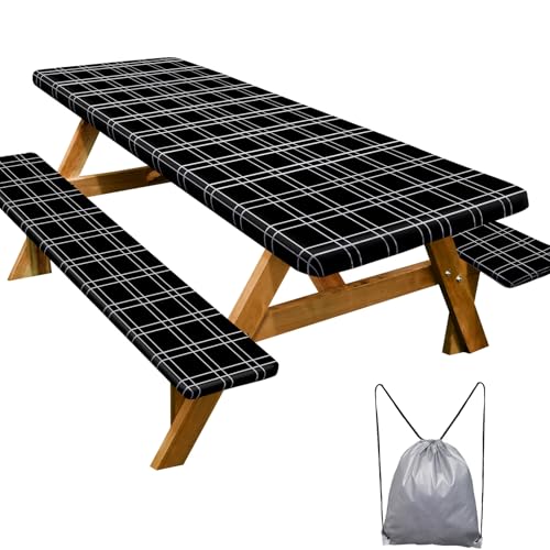Play Tailor Picnic Table Cover with Bench Covers Camping Essentials Waterproof Windproof Camping Tablecloth with Drawstring Bag, Fitted Rectangle Tables and Seats, 96in, Black Checkered - color: Black Checkered, size: 96in