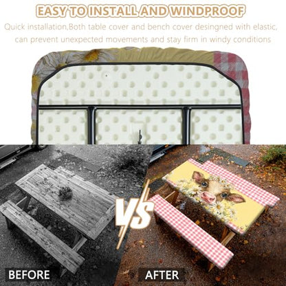 Picnic Table Cover with Bench Covers Elastic Edges, Outdoor Patio Camping Essentials 72 Inch 3PCS, Waterproof Camping Fitted Tablecloth with Handbags (Pink check daisy cow) - color: Pink checkered cow, size: 72" x 30" (Rectangular)