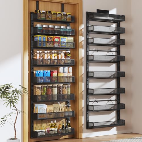Pantry Door Organizers and Storage,8-Tier Large Wide Metal Heavy-Duty Frame Over the Door Spice Rack, 2 in 1 Wall-Mounted or Hanging shelf for Kitchen, Bathroom, Laundry Room, Bedroom, Closet &Nursery - color: Black, size: 19"W-8 tier