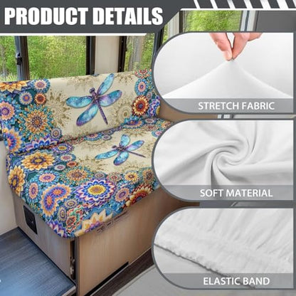 Boho Mandala Dragonfly Pattern RV Dinette Cushion Covers Stretch Sofa Seat Slipcovers Replacement Camper Cushions Cover for RV Camper 2Pcs Backrest & Bench Cover, 2 Sets - color: Boho Mandala Dragonfly