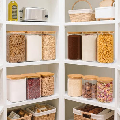ComSaf 4.6Qt Glass Food Storage Containers, 1.2 Gallon Glass Flour and Sugar Containers with Airtight Lids, Large Square Jars with Bamboo Lids for Rice, Pasta, Oats, Grains, Cookies, Coffee Beans - color: 4.6Qt-Square