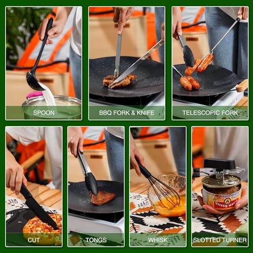 Wesqunie Camping Essentials Cooking Utensils Set - 30Pcs Stainless Steel & Silicone Camp Kitchen Cookware Set, RV Picnic Grill Equipment - color: green-pro