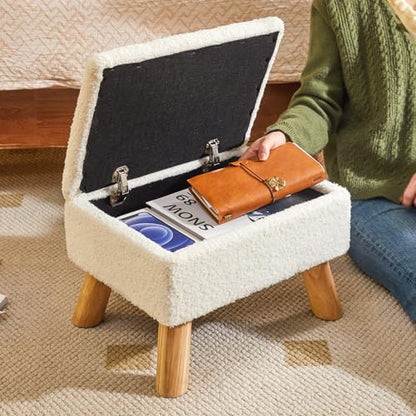 YMYNY Storage Ottoman, Small Foot Stool Ottoman with Storage, White HBD042W | Teddy Velvet, Sturdy Wood Legs, For Living Room Bedroom Couch Entryway - color: White