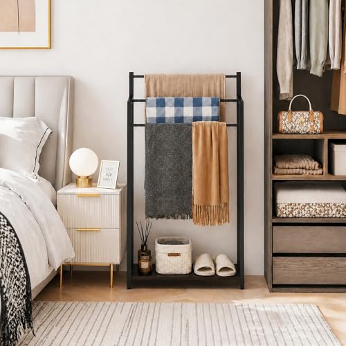 Freestanding Towel Rack, 3 Tier Blanket Ladder Stand with Black Wooden Shelf for Bathroom Living Room (31.5" H x 16.9" W x7.9 D) - color: Black, size: 31.5"H x 16.9"W x7.9"D