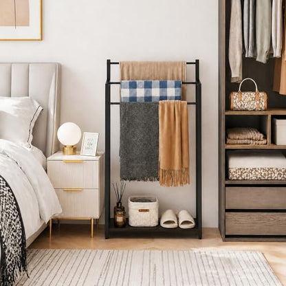 Freestanding Towel Rack, 3 Tier Blanket Ladder Stand with Black Wooden Shelf for Bathroom Living Room (31.5" H x 16.9" W x7.9 D) - color: Black, size: 31.5"H x 16.9"W x7.9"D