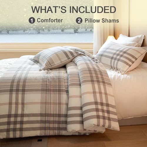 100% Cotton Comforter Set Queen Size – Reversible Yarn-Dyed Checkered Design, Soft Washed Cotton on Both Sides, Lightweight All-Season Bedding, Machine Washable(Grey White Plaid, 90”x90”) - color: Grey White, size: Queen(90"x90")