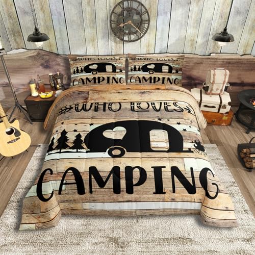 Castle Fairy Camper Full Size Comforter Set Brown Rustic Farmhouse Barn Door Bedding Set for Kids Teens Adults Bedroom,Black RV Pine Comforter Camping Car Decor Quilt Set Bedroom Collection 3Pcs - color: Multi 04, size: Full