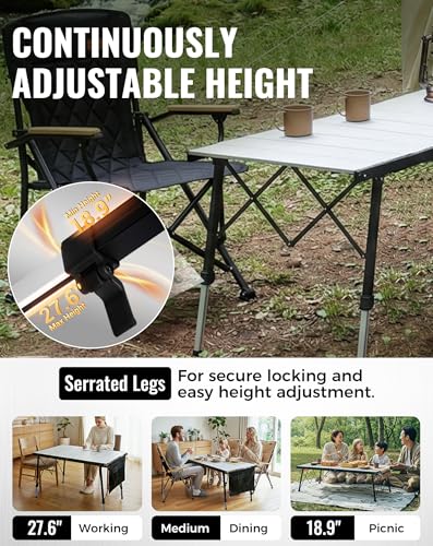KingCamp Folding Camping Table Foldable, 55.1" x27.6" Aluminum Roll Up Table with Adjustable Height 6-7 Person Large Camp Tables Outdoor with Carrying Bag for BBQ, Patio, Picnic Loads 265 Lbs - color: Silver/Black - 55.1"×27.6" - Adjustable Height, style: