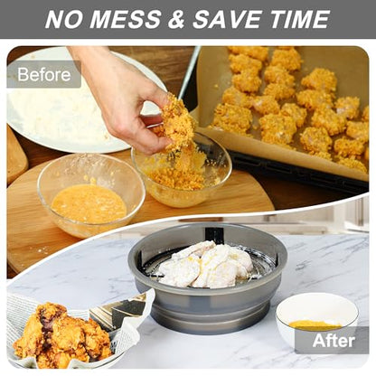 FJNATINH Collapsible Batter Bowl - Mess Free Better Breader Shaker Bowl with Lid Breading Shaker Container - Great for Fried Fish, Fried Chicken, Onion Rings, Wings & More,No Leak,Easy to Store,Gray - color: Gray