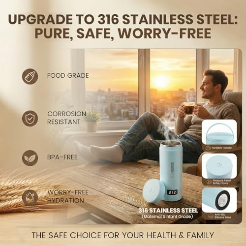 Portable Electric Kettle for Travel, Small Hot Water Kettle with NTC Temperature Control and Auto Shut-Off, 316 Stainless Steel, Blue 120V & 15oz - color: Light blue