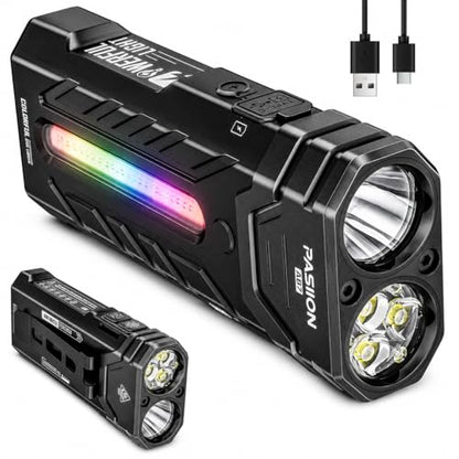 EDC Rechargeable Flashlight 3250 Lumens with RGB Light,55 Modes Multifunctional Flat Flashlight with Floodlight,Spotlight and Magnetic Base,Waterproof USB C Flashlight for Camping,Home,Emergencies - size: Large