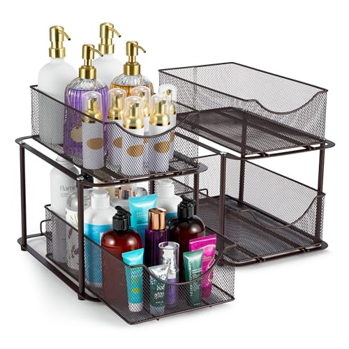 Sorbus 2 Sets of 2 Tier Metal Under Sink Organizer for Bathroom, Kitchen, Strong Steel Mesh Sliding Drawers for Under Sink, Under Cabinet, Closet, Kitchen, Pantry, Bathroom Organizers and Storage - color: Bronze, size: 2 Pack