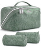 BOYATU Travel Makeup Bags Cosmetic Organizer Bag: 3-Set Large Capacity Make up Bag - PU Leather Toiletry Bags for Women - Wide Open Portable Pouch with Divider & Handle (03-Green-2) - color: 03-Green-2