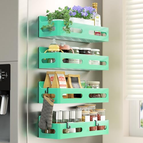 Sevenblue 4 Pack Strong Magnetic Spice Rack for Refrigerator, Multipurpose Magnetic Shelf for Fridge with 4 Hooks for kitchen and Bathroom Organization, Green - color: Green, size: 4 Pack