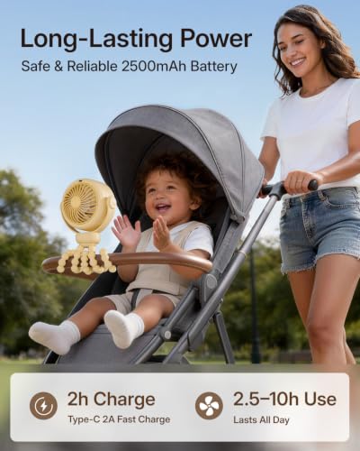 SWEETFULL Portable Stroller Fan, Pinch-Proof Baby Fan, 5-Speed Quiet Mini Clip on Fan, USB-C Rechargeable Battery, LED Display for Car Seat, Crib & Travel - Yellow - color: Yellow