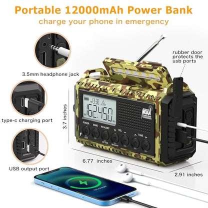 12000mAh/44400mWh Weather Radio, Hand Crank Emergency Radio Portable AM FM Shortwave, Solar Rechargeable Battery Powered Radio with NOAA Alert, USB-C Charger & Adapter, SOS Flashlight for Emergency - color: Camo Green