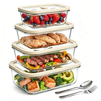 4 Pack Glass Meal Prep Containers with Glass Lids, Plastic-Free Glass Food Storage Containers, Multi-Size Glass Food Prep Containers for Lunch, Leftovers, Microwave, Freezer (12, 21, 35, 50 oz) - size: Multi-Size