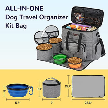 Modoker Dog Travel Organizer with 2 Collapsible Bowls for Supplies & Accessories, Airline Approved Dog Tote Pet Travel Bag with 2 Travel Food Container - color: Soft Grey