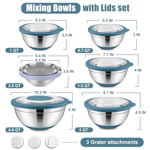 E-far Mixing Bowls with Lids Set, 15PCS Stainless Steel Mixing Nesting Bowls with Colander and 3 Metal Graters for Kitchen, Non-Slip Bottom & Airtight Transparent Lid, 4.6, 3, 1.5, 1, 0.7QT, Blue - color: Blue
