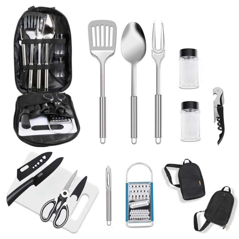 12-Piece Camping Kitchen Utensil Set – Portable Outdoor Cooking Utensils for Camping, RV, Backpacking & BBQ | Complete Camp Kitchen Gear Set with Carry Bag, Grilling Tools & Cooking Accessories - style: Black-12