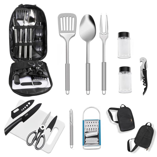 12-Piece Camping Kitchen Utensil Set – Portable Outdoor Cooking Utensils for Camping, RV, Backpacking & BBQ | Complete Camp Kitchen Gear Set with Carry Bag, Grilling Tools & Cooking Accessories - style: Black-12