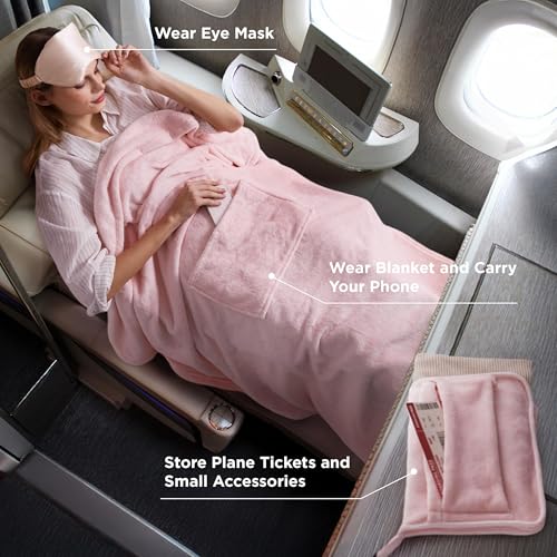 Bedsure Travel Blanket Airplane Compact with Storage Bag, Packable Blanket with Eye Mask, Lightweight 2-in-1 Travel Essentials, Functioned as Pillow for Airplane Comfort and Warmth, Pink - color: Pink