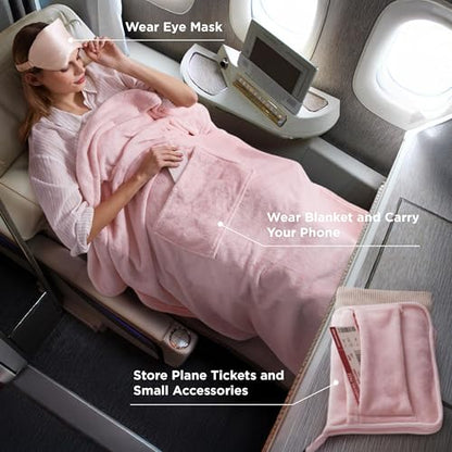 Bedsure Travel Blanket Airplane Compact with Storage Bag, Packable Blanket with Eye Mask, Lightweight 2-in-1 Travel Essentials, Functioned as Pillow for Airplane Comfort and Warmth, Pink - color: Pink