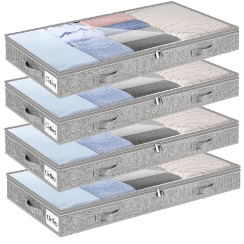 4 Inch Low Profile Under Bed Storage Drawer 4 Pack, Lightweight Underbed Clothes Storage Container Bins With NO STURCTURE, Shallow Storage Bag for Dorm & Home, With Clear Lids & Water-Resistant Fabric - color: Soft-Gray-4 Pack, size: 4 Inch
