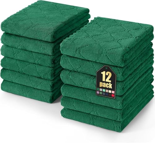 Homaxy 12 Pack Dish Towels for Kitchen (10 x 20 Inches, Dark Green), Super Soft and Absorbent Coral Velvet Dish Cloths for Washing Dishes, Nonstick Oil Fast Drying Microfiber Cleaning Cloth - color: Dark Green, size: 10x20 Inch-12 Pack