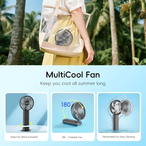 HandFan Upgraded 10,000 mAh Quiet Handheld Fan - 4.5 Inch Large Hand Held Fans Reahargeable, 180° Foldable Portable Fan [30 Working Hours] with Lanyard, Base for Disney/Travel/Concerts/Beach/Office - color: Clear‑Blade Black‑10000mAh