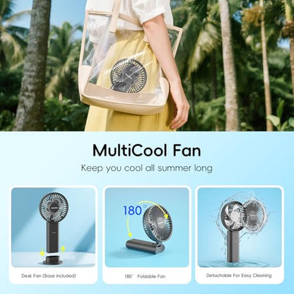 HandFan Upgraded 10,000 mAh Quiet Handheld Fan - 4.5 Inch Large Hand Held Fans Reahargeable, 180° Foldable Portable Fan [30 Working Hours] with Lanyard, Base for Disney/Travel/Concerts/Beach/Office - color: Clear‑Blade Black‑10000mAh