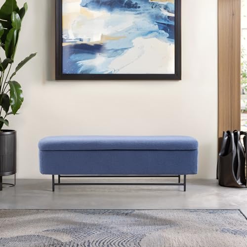 56" Boucle Storage Bench for Bedroom, Upholstered Teddy Ottoman Bench, Modern Extra Long Storage Bench for End of Bed/Entryway/Livingroom/Window (Navy) - color: Navy, size: 17.7"D x 56"W x 18.5"H
