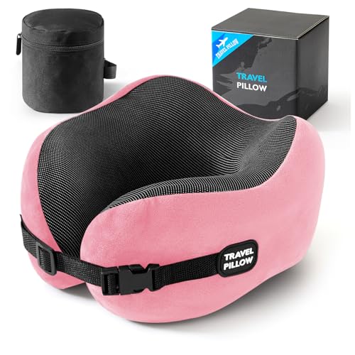 Neck Pillow Travel Pillow - 100% Pure Memory Foam Airplane Pillow with Adjustable Clasp & Removable Cover, Portable Travel Essentials for Long Flights, Car & Office (Pink) - color: Pink