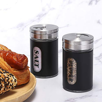 Salt and Pepper Shakers Stainless Steel and Glass Set with Adjustable Pour Holes - color: Black
